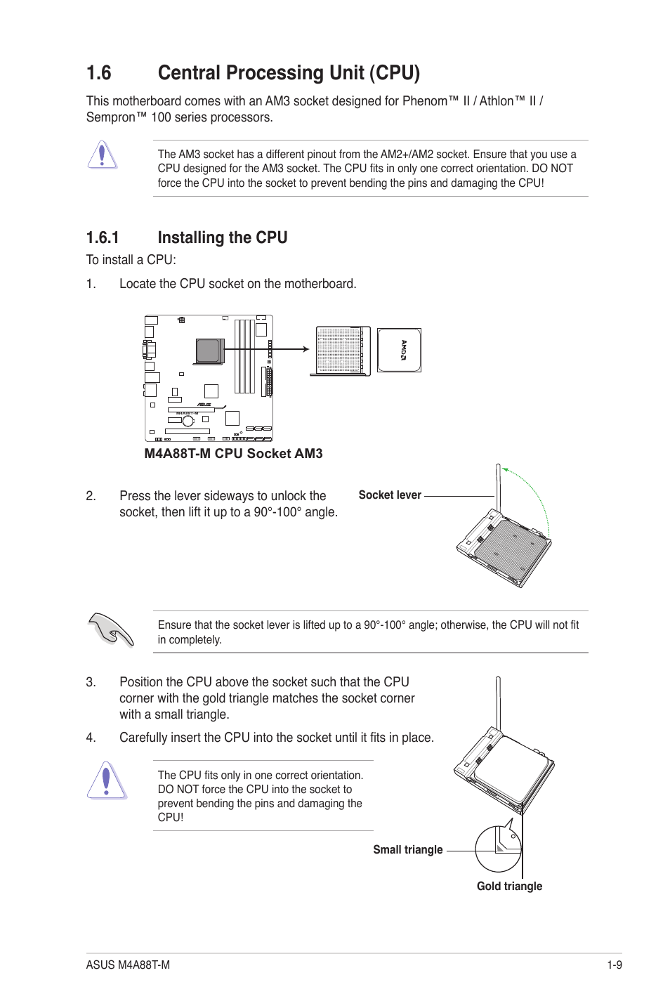 6 central processing unit (cpu), 1 installing the cpu | Asus M4A88T-M/USB3 User Manual | Page 20 / 68