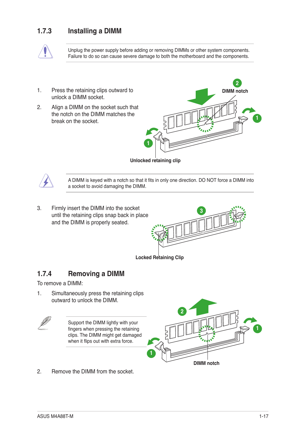 3 installing a dimm, 4 removing a dimm | Asus M4A88T-M/USB3 User Manual | Page 28 / 68