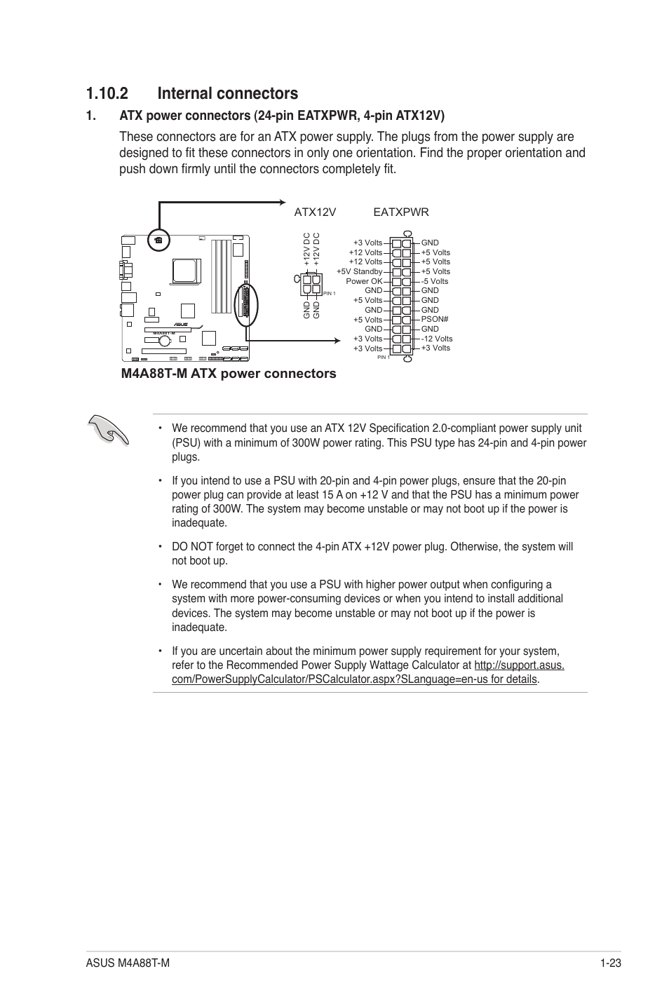 2 internal connectors, M4a88t-m atx power connectors | Asus M4A88T-M/USB3 User Manual | Page 34 / 68