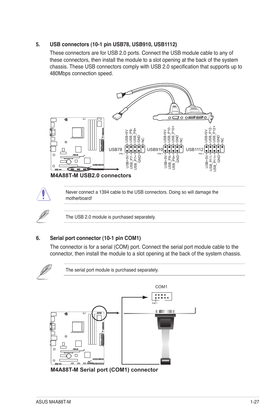 M4a88t-m serial port (com1) connector, The serial port module is purchased separately | Asus M4A88T-M/USB3 User Manual | Page 38 / 68