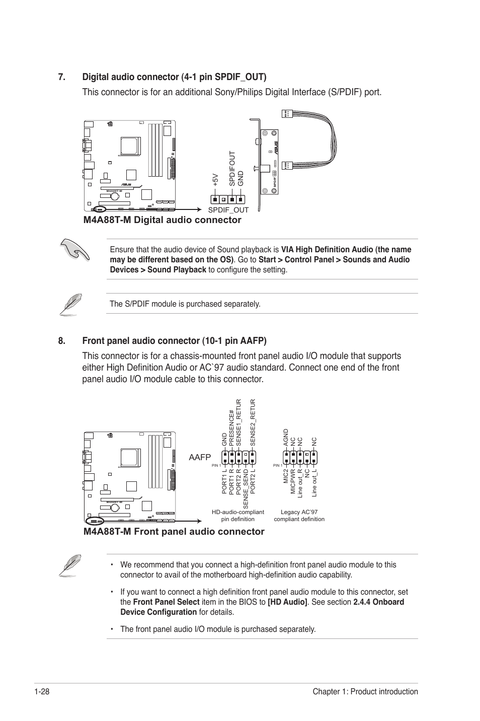 M4a88t-m digital audio connector, M4a88t-m front panel audio connector | Asus M4A88T-M/USB3 User Manual | Page 39 / 68