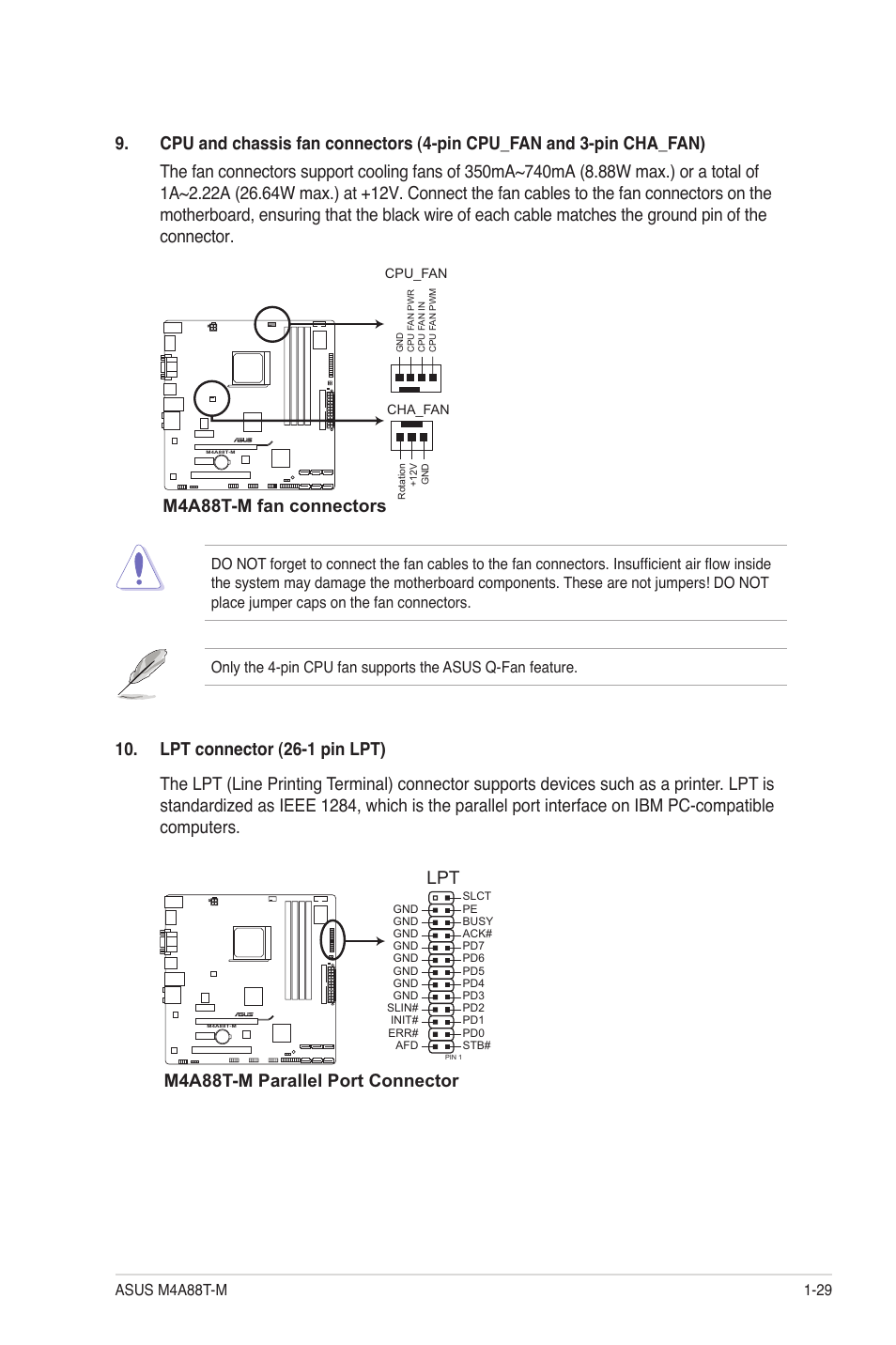 M4a88t-m fan connectors, M4a88t-m parallel port connector | Asus M4A88T-M/USB3 User Manual | Page 40 / 68
