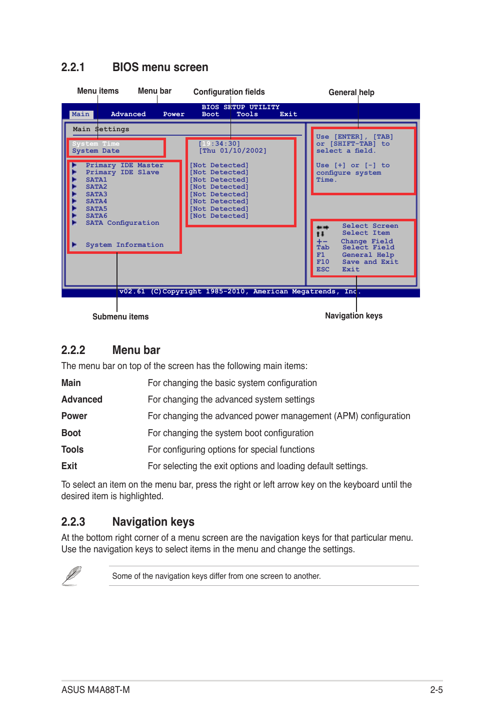 1 bios menu screen 2.2.2 menu bar, 3 navigation keys | Asus M4A88T-M/USB3 User Manual | Page 48 / 68