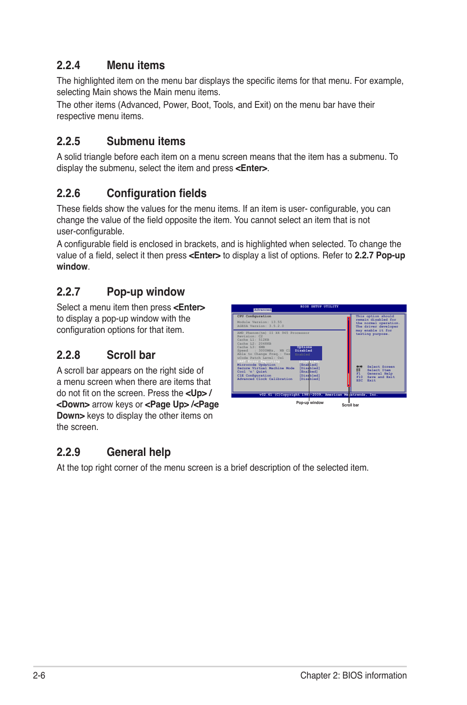 4 menu items, 5 submenu items, 6 configuration fields | 7 pop-up window, 8 scroll bar, 9 general help, 6 chapter 2: bios information | Asus M4A88T-M/USB3 User Manual | Page 49 / 68