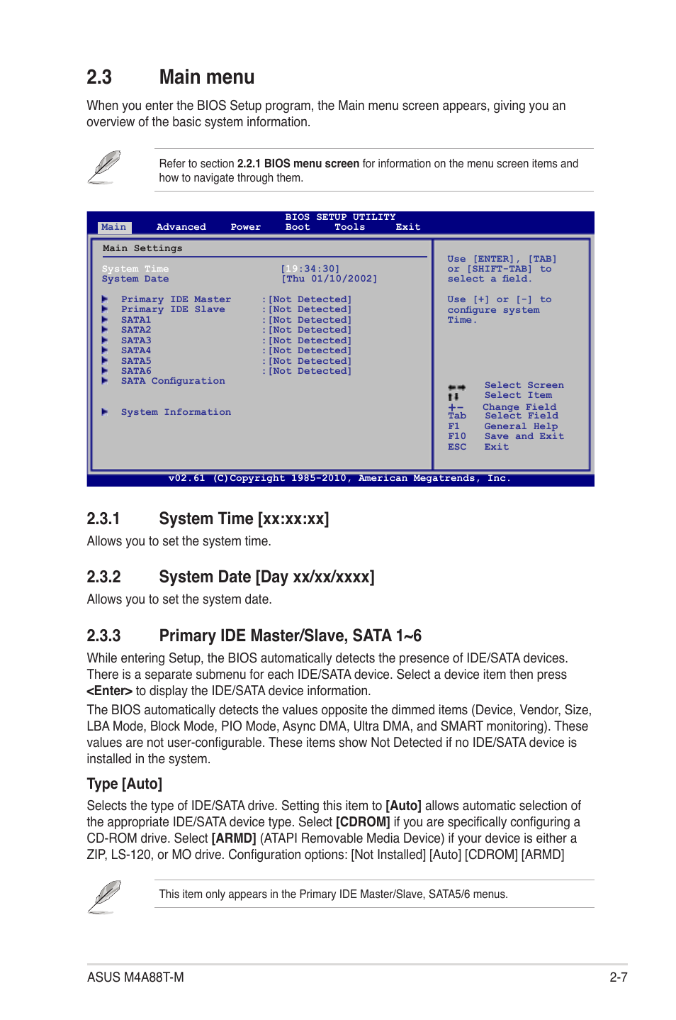 3 main menu, 1 system time [xx:xx:xx, 3 primary ide master/slave, sata 1~6 | Type [auto | Asus M4A88T-M/USB3 User Manual | Page 50 / 68