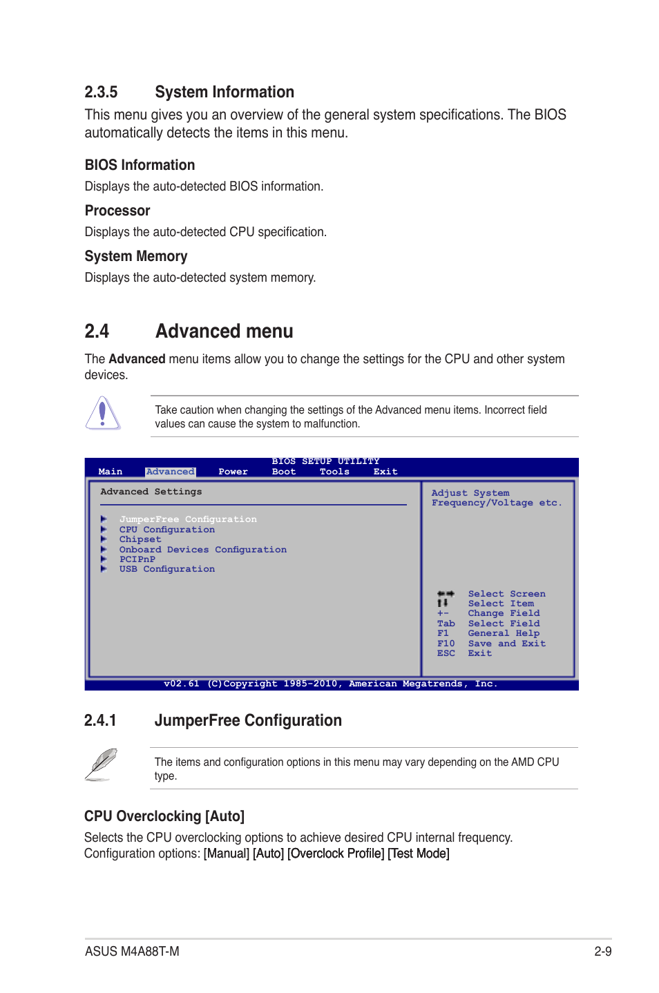 4 advanced menu, 1 jumperfree configuration, 5 system information | Cpu overclocking [auto, Processor | Asus M4A88T-M/USB3 User Manual | Page 52 / 68
