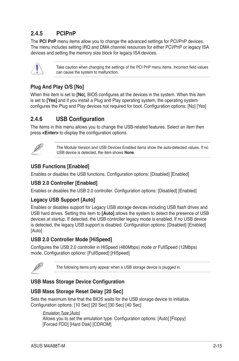 6 usb configuration, 5 pcipnp | Asus M4A88T-M/USB3 User Manual | Page 58 / 68