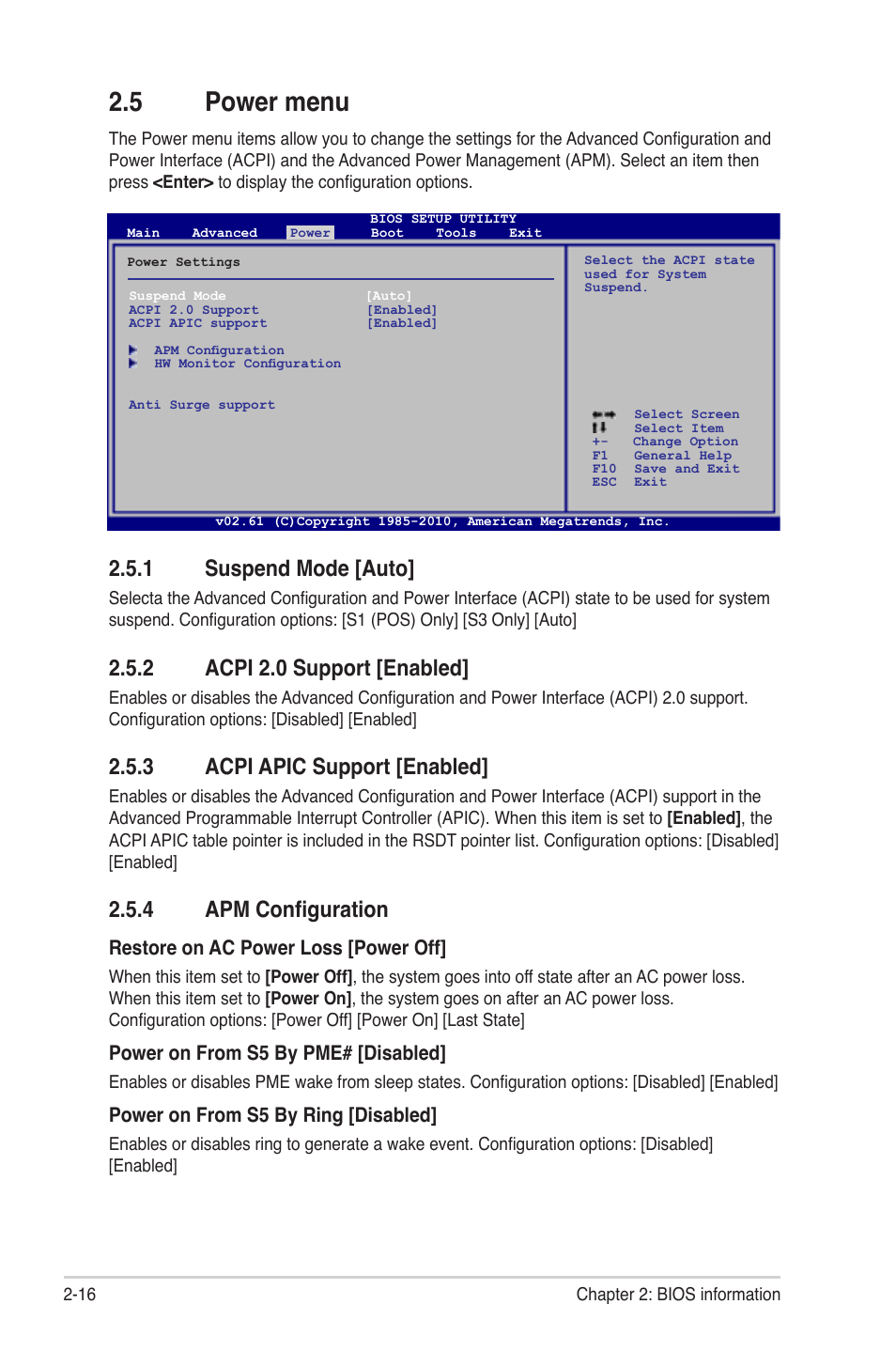 5 power menu, 1 suspend mode [auto, 2 acpi 2.0 support [enabled | 3 acpi apic support [enabled, 4 apm configuration | Asus M4A88T-M/USB3 User Manual | Page 59 / 68