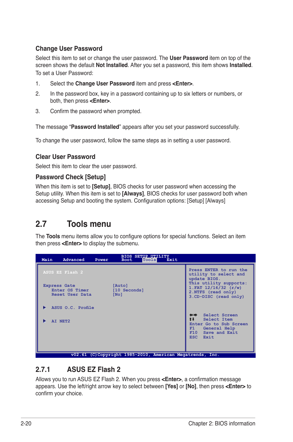 7 tools menu, 1 asus ez flash 2, Change user password | Clear user password, Password check [setup | Asus M4A88T-M/USB3 User Manual | Page 63 / 68