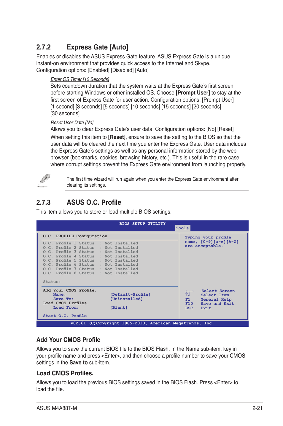 2 express gate [auto, 3 asus o.c. profile, Add your cmos profile | Load cmos profiles | Asus M4A88T-M/USB3 User Manual | Page 64 / 68