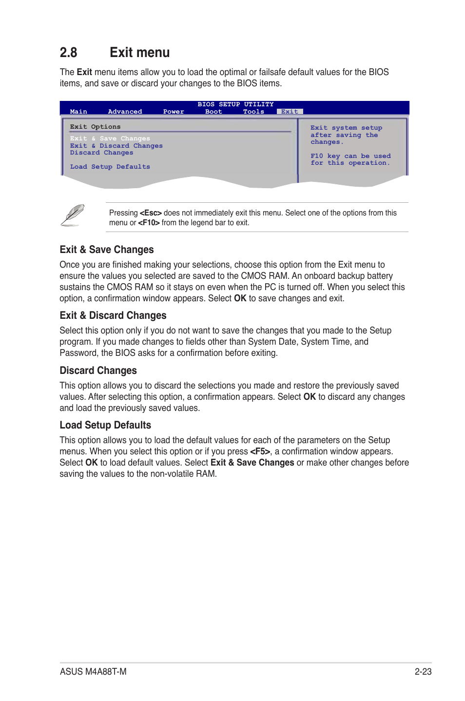 8 exit menu, Exit & save changes, Exit & discard changes | Discard changes, Load setup defaults | Asus M4A88T-M/USB3 User Manual | Page 66 / 68