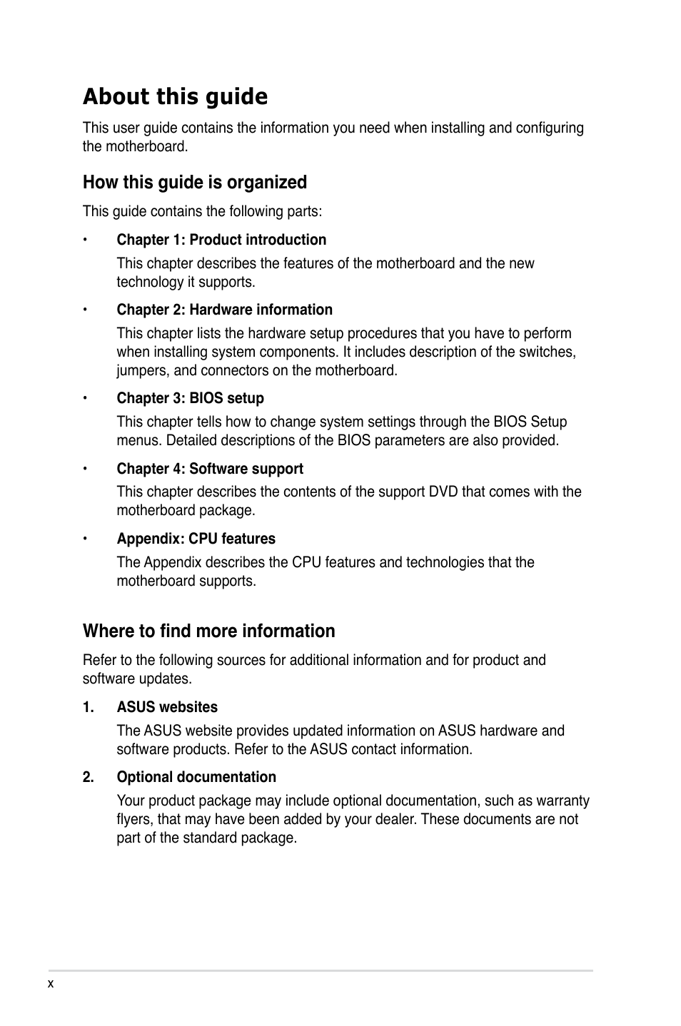 About this guide, How this guide is organized, Where to find more information | Asus P5Q User Manual | Page 10 / 184