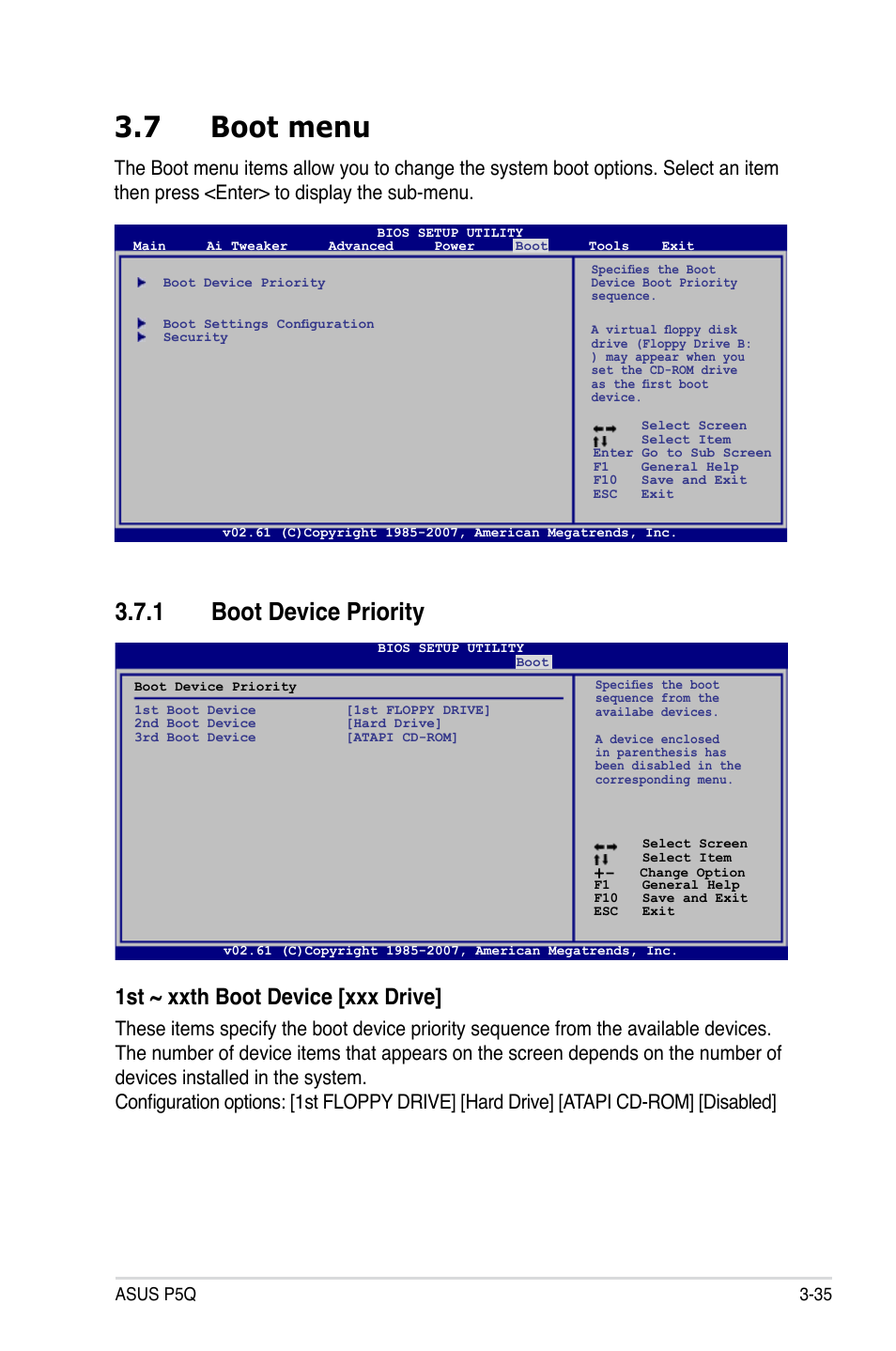 7 boot menu, 1 boot device priority, Boot menu -35 3.7.1 | Boot device priority -35, 1st ~ xxth boot device [xxx drive | Asus P5Q User Manual | Page 101 / 184