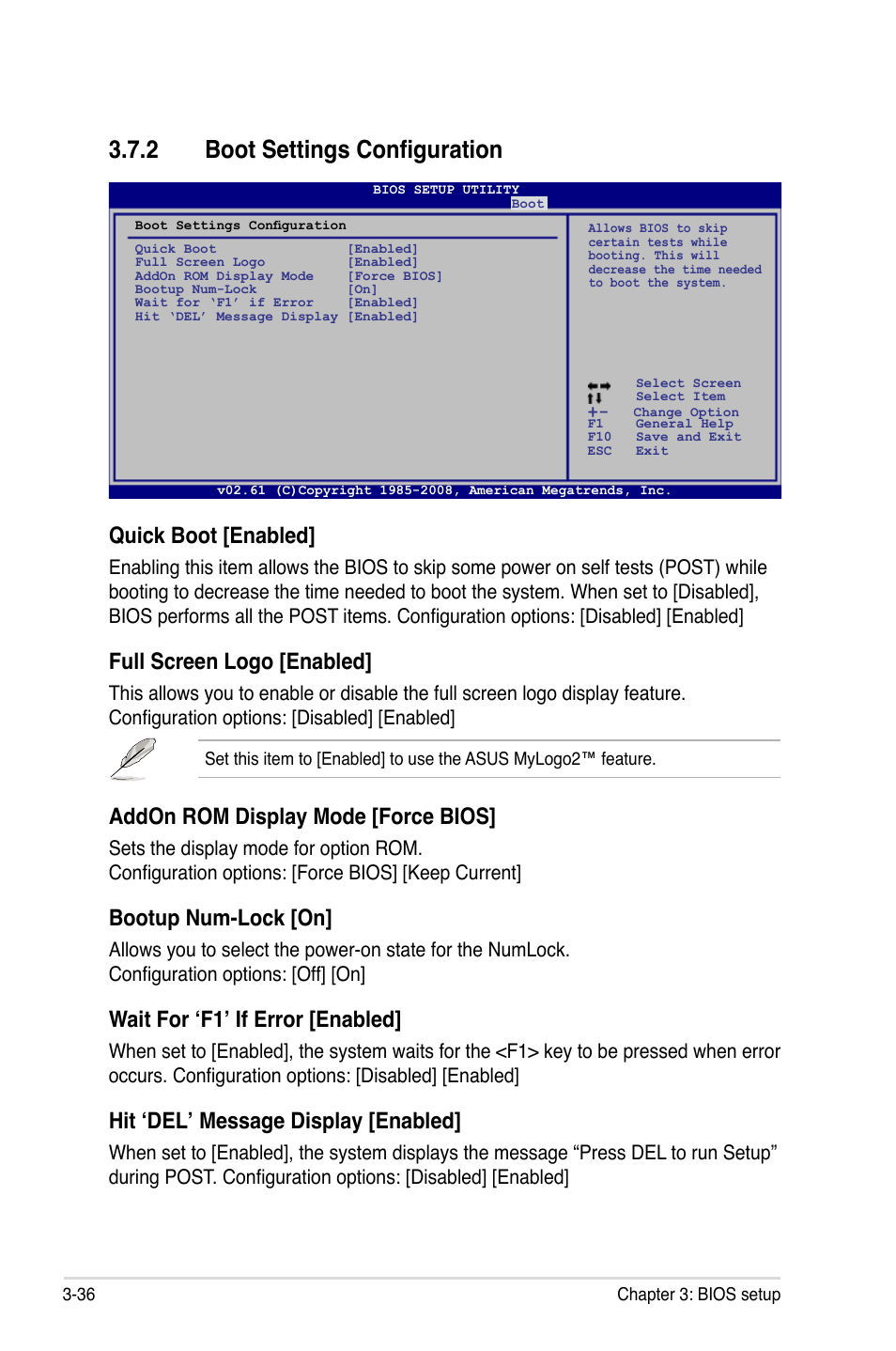 2 boot settings configuration, Boot settings configuration -36, Quick boot [enabled | Full screen logo [enabled, Addon rom display mode [force bios, Bootup num-lock [on, Wait for ‘f1’ if error [enabled, Hit ‘del’ message display [enabled | Asus P5Q User Manual | Page 102 / 184