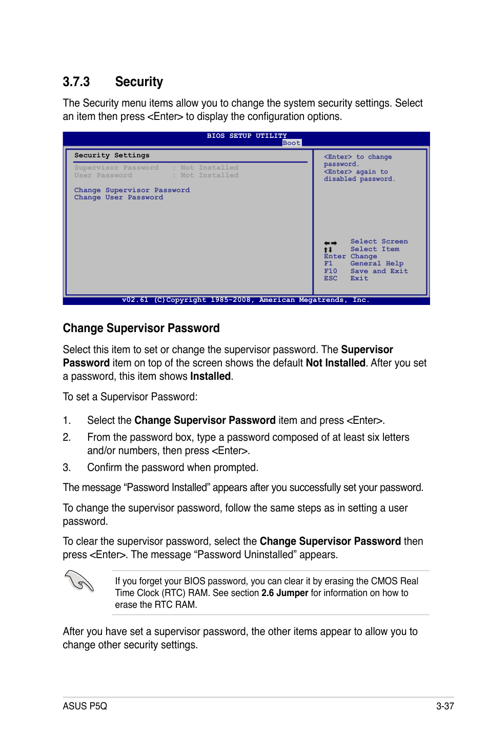 3 security, Security -37, Change supervisor password | Asus P5Q User Manual | Page 103 / 184