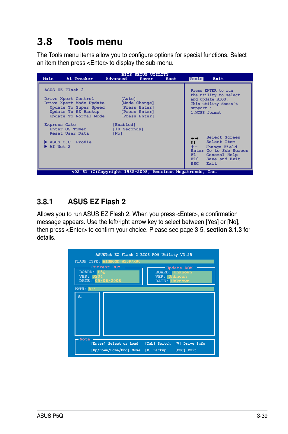 8 tools menu, 1 asus ez flash 2, Tools menu -39 3.8.1 | Asus ez flash 2 -39, Asus p5q 3-39 | Asus P5Q User Manual | Page 105 / 184