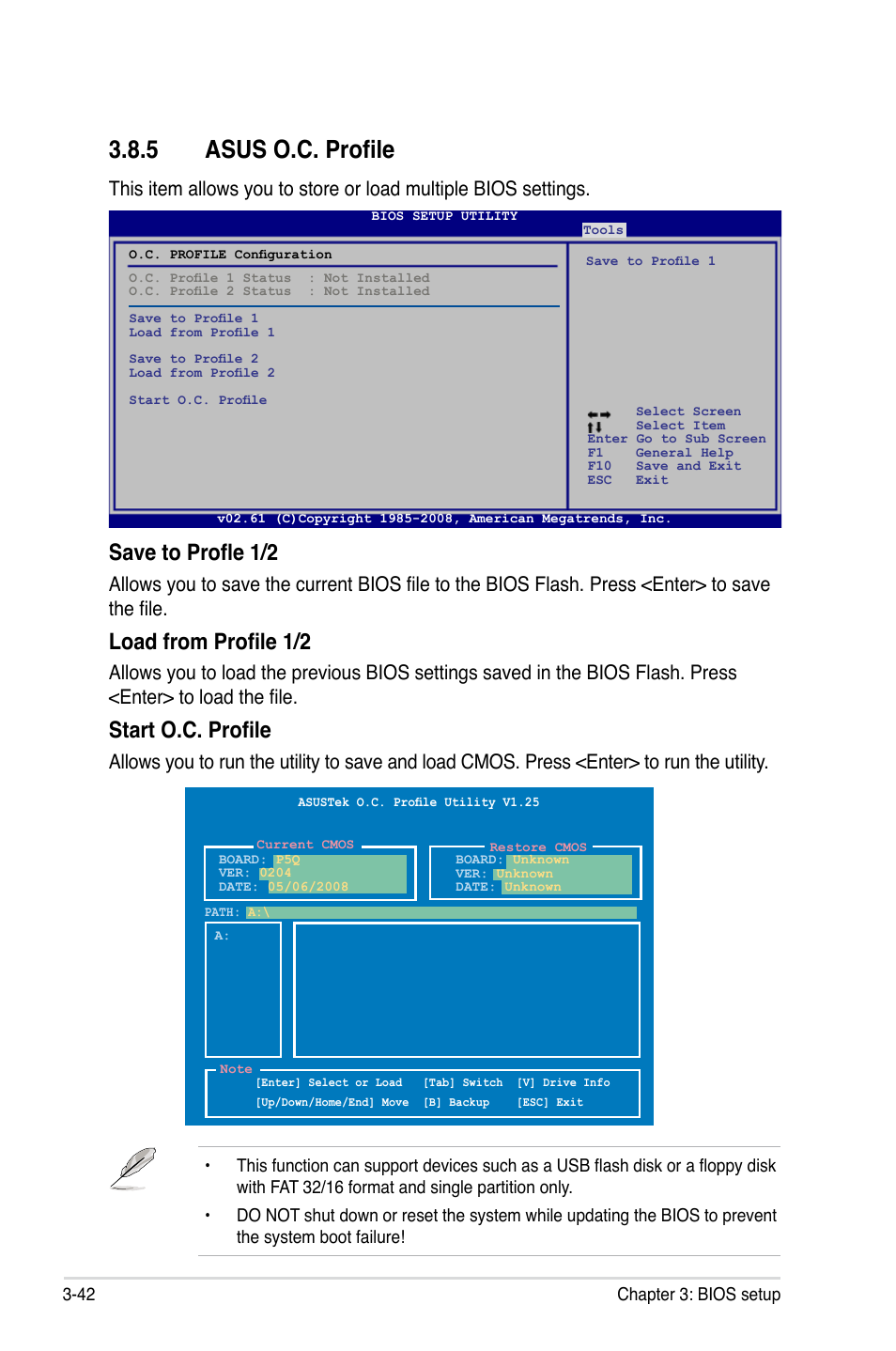 5 asus o.c. profile, Asus o.c. profile -42, Save to profle 1/2 | Load from profile 1/2, Start o.c. profile | Asus P5Q User Manual | Page 108 / 184