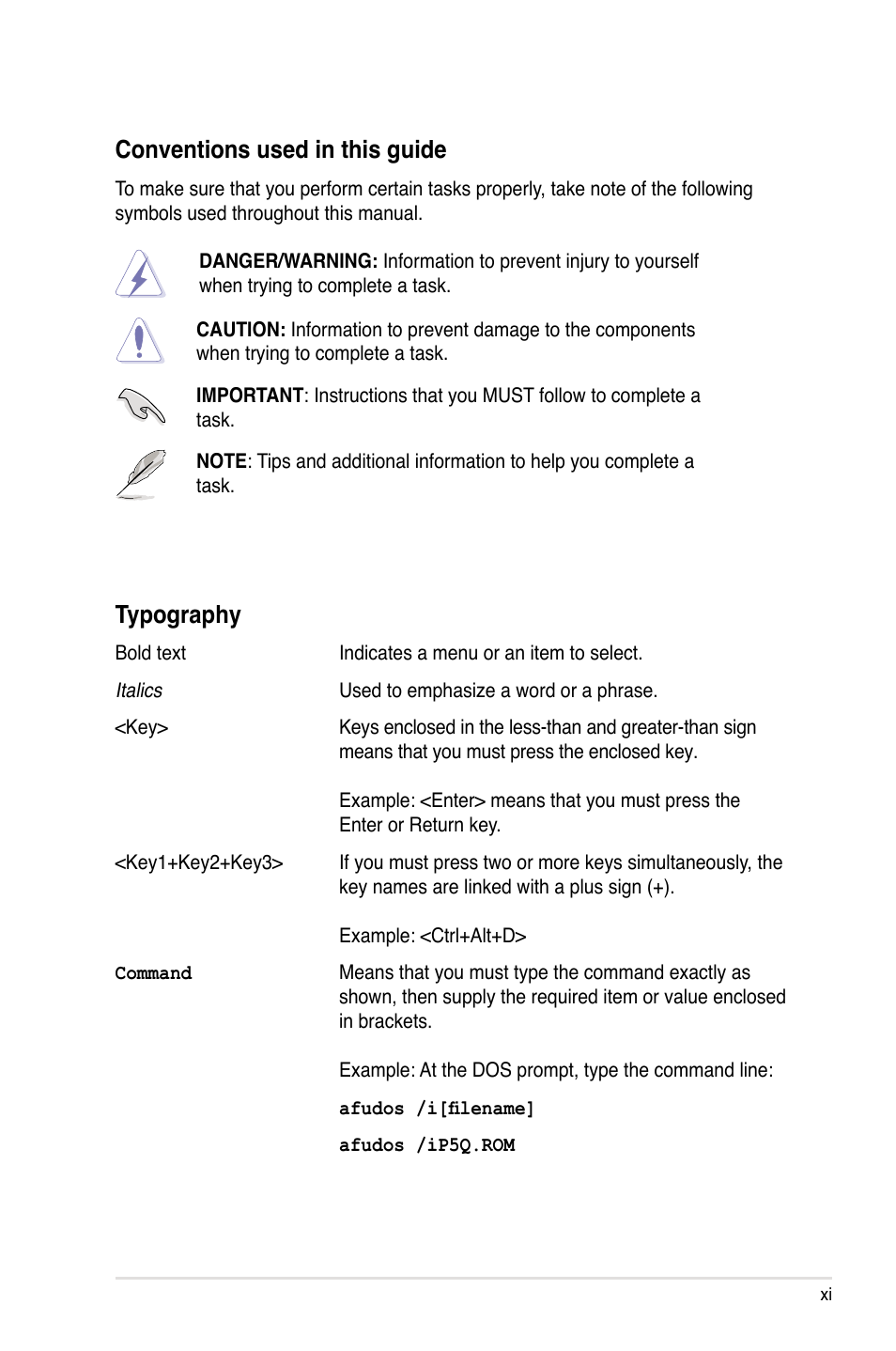 Conventions used in this guide, Typography | Asus P5Q User Manual | Page 11 / 184