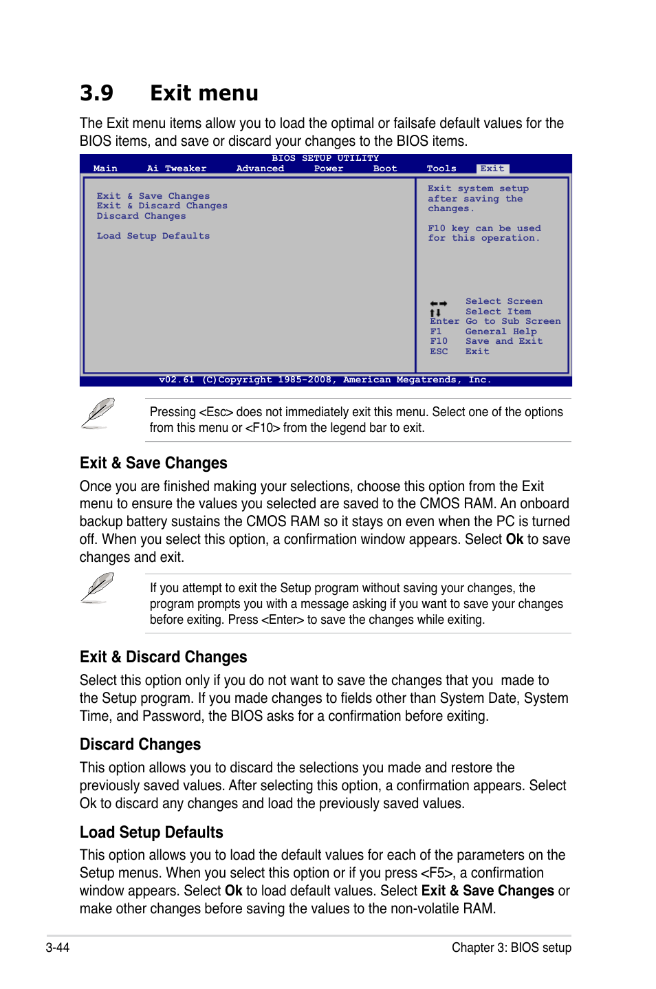 9 exit menu, Exit menu -44, Exit & save changes | Exit & discard changes, Discard changes, Load setup defaults | Asus P5Q User Manual | Page 110 / 184