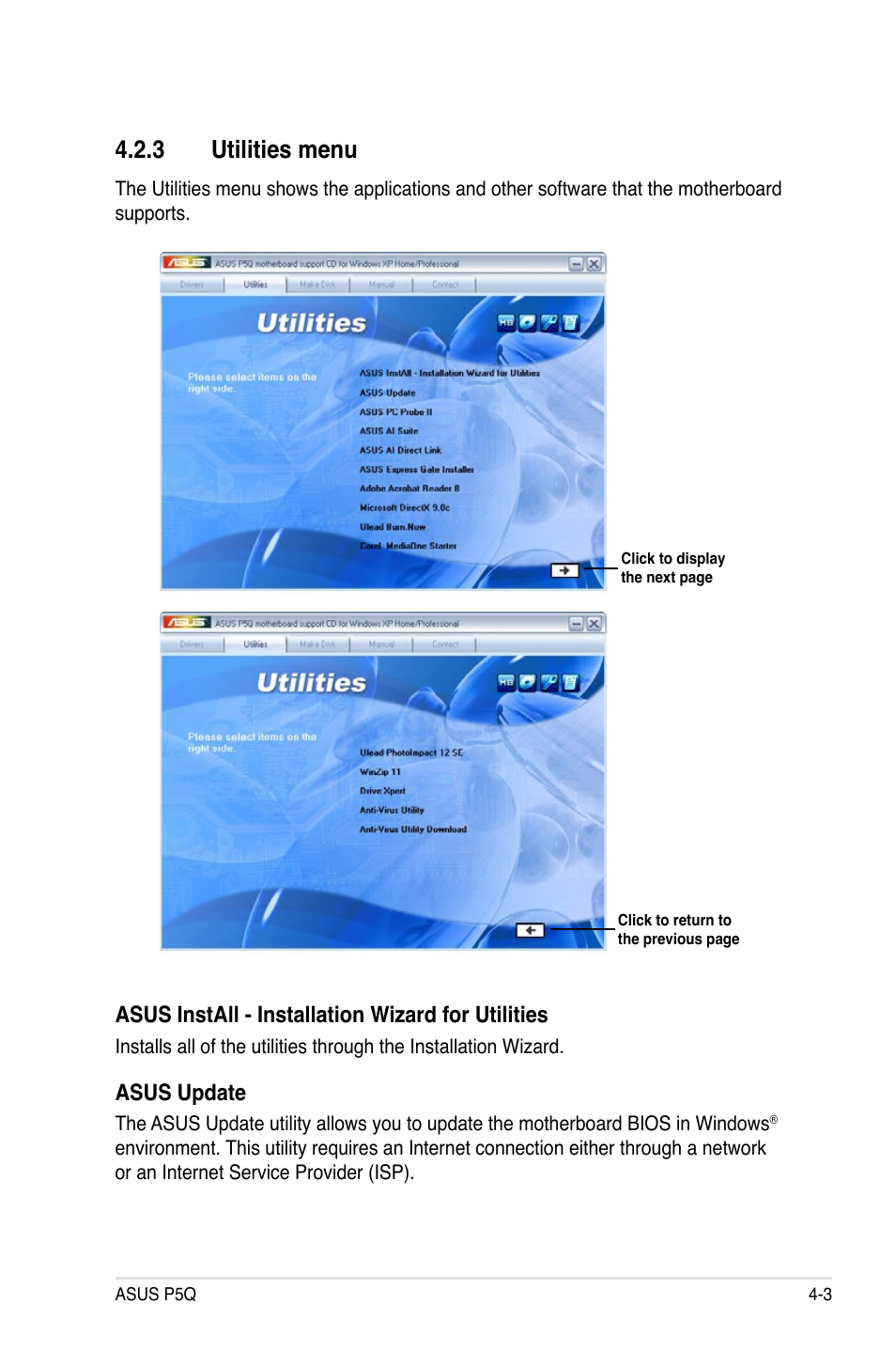 3 utilities menu, Utilities menu -3, Asus install - installation wizard for utilities | Asus update | Asus P5Q User Manual | Page 115 / 184