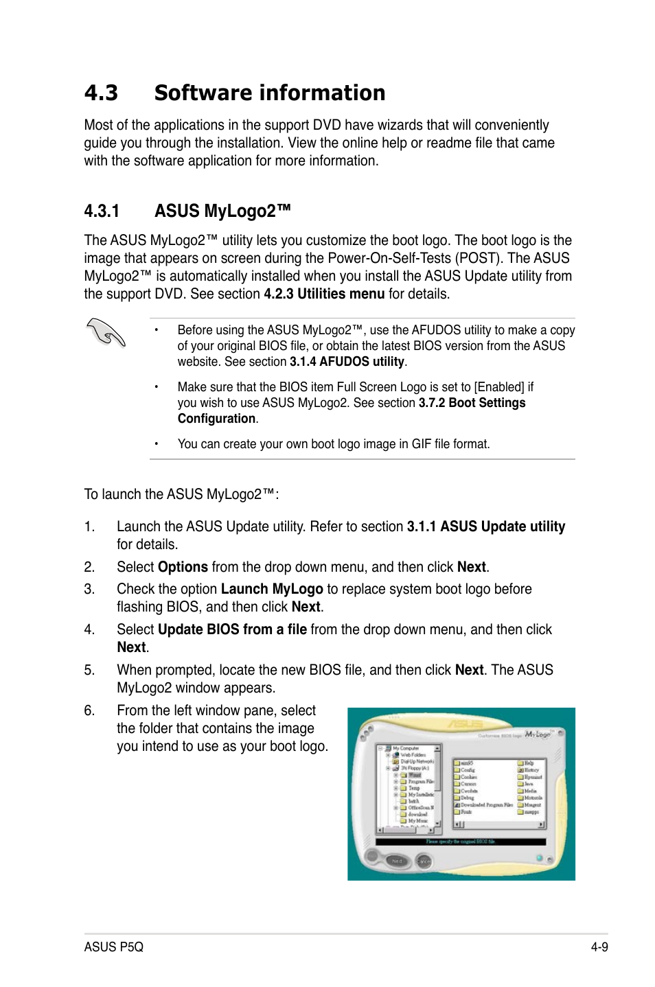 3 software information, 1 asus mylogo2, Software information -9 4.3.1 | Asus mylogo2™ -9 | Asus P5Q User Manual | Page 121 / 184