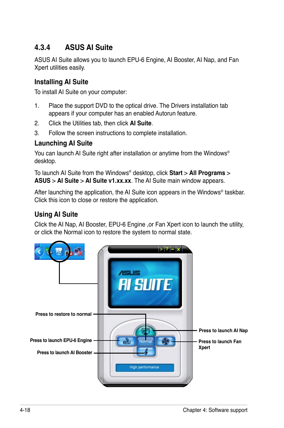 4 asus ai suite, 4 asus ai suite -18, Installing ai suite | Launching ai suite, Using ai suite | Asus P5Q User Manual | Page 130 / 184