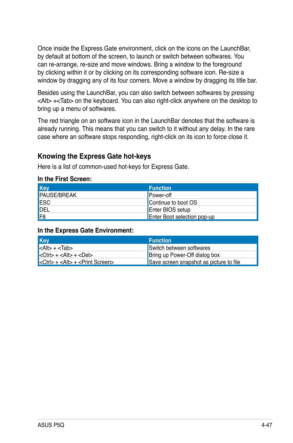 Knowing the express gate hot-keys | Asus P5Q User Manual | Page 159 / 184