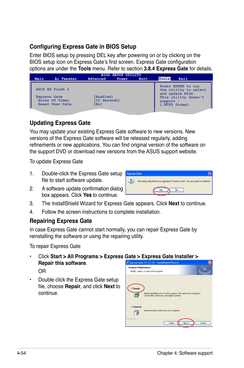 Configuring express gate in bios setup, Updating express gate, Repairing express gate | Asus P5Q User Manual | Page 166 / 184