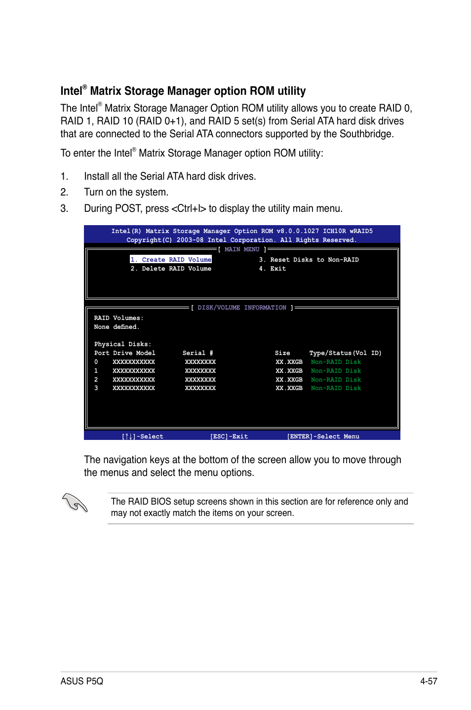 Intel, Matrix storage manager option rom utility, The intel | Asus P5Q User Manual | Page 169 / 184