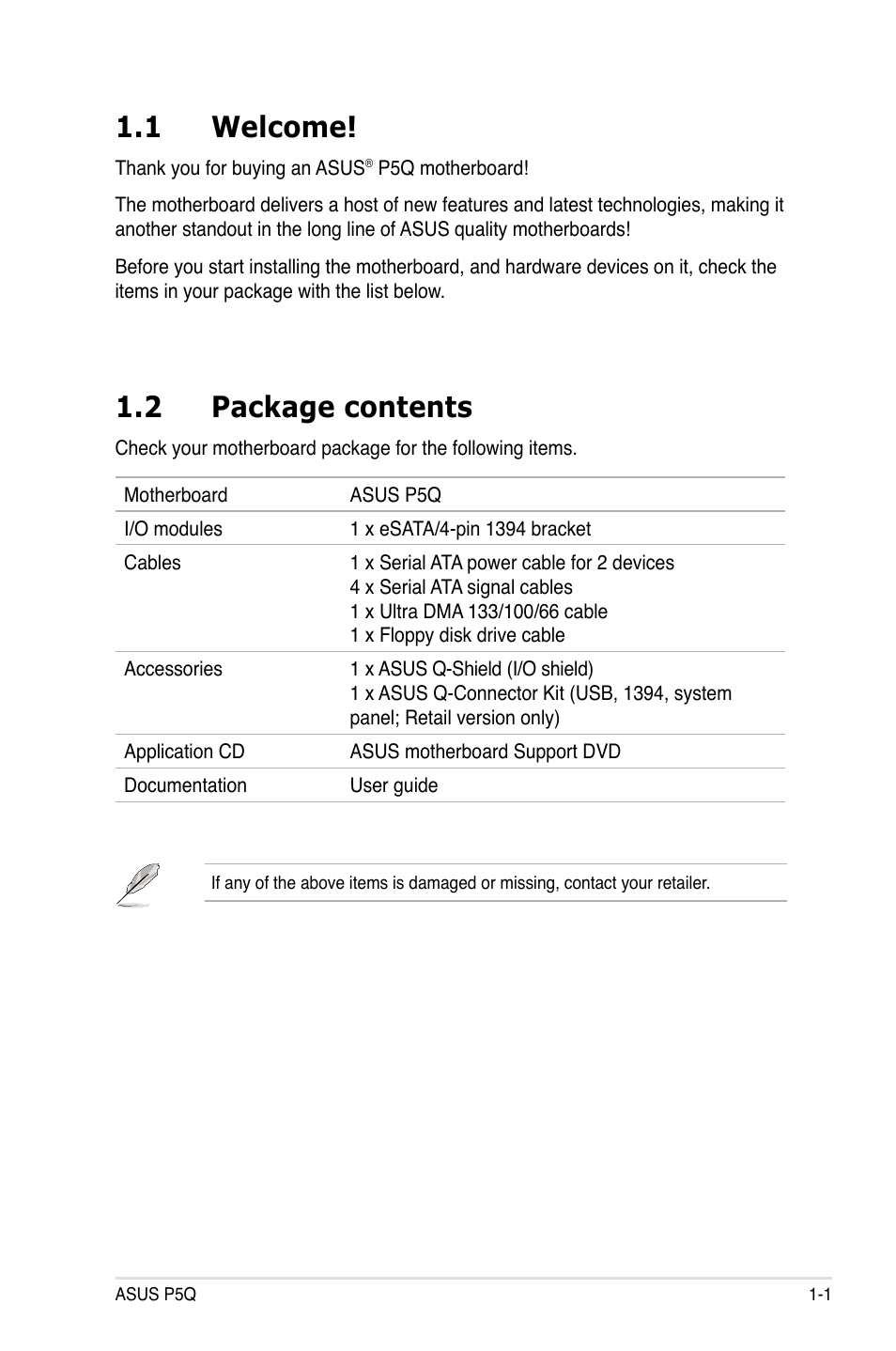 1 welcome, 2 package contents, Welcome! -1 | Package contents -1 | Asus P5Q User Manual | Page 17 / 184