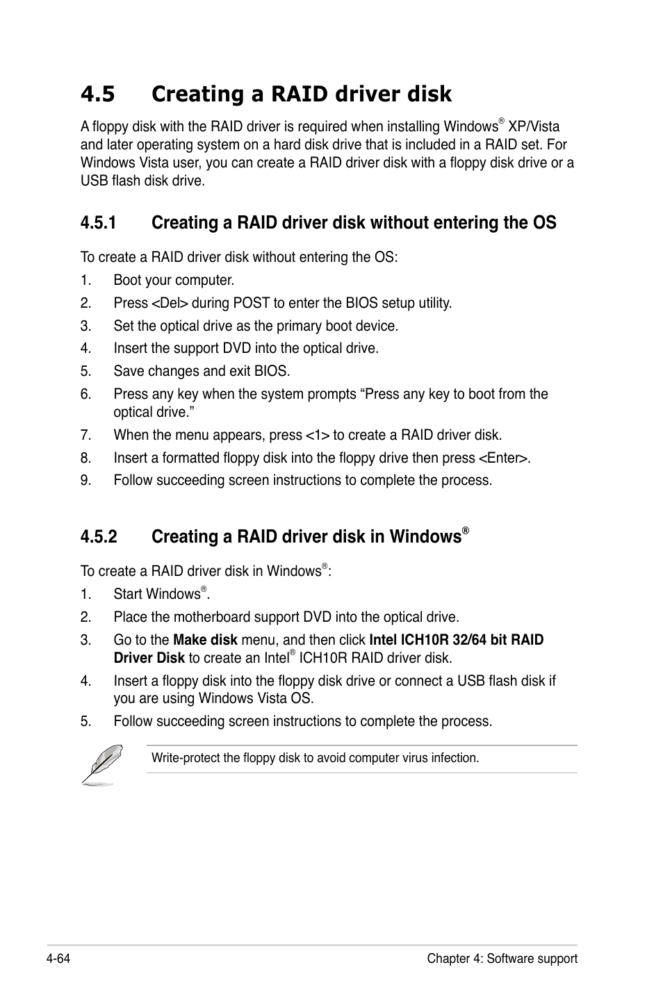 5 creating a raid driver disk, 2 creating a raid driver disk in windows, Creating a raid driver disk -64 4.5.1 | Creating a raid driver disk in windows | Asus P5Q User Manual | Page 176 / 184