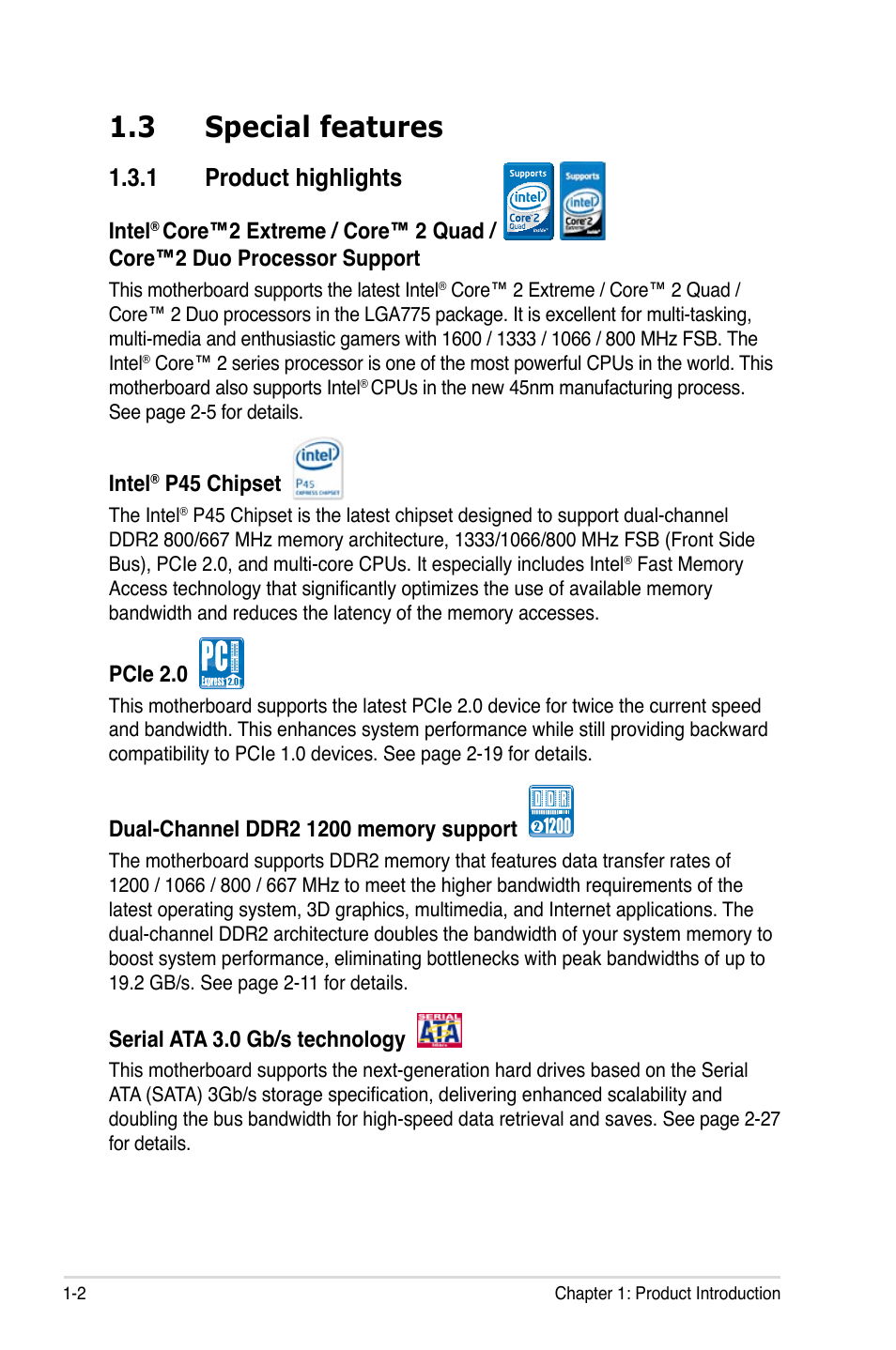 3 special features, 1 product highlights, Special features -2 1.3.1 | Product highlights -2 | Asus P5Q User Manual | Page 18 / 184