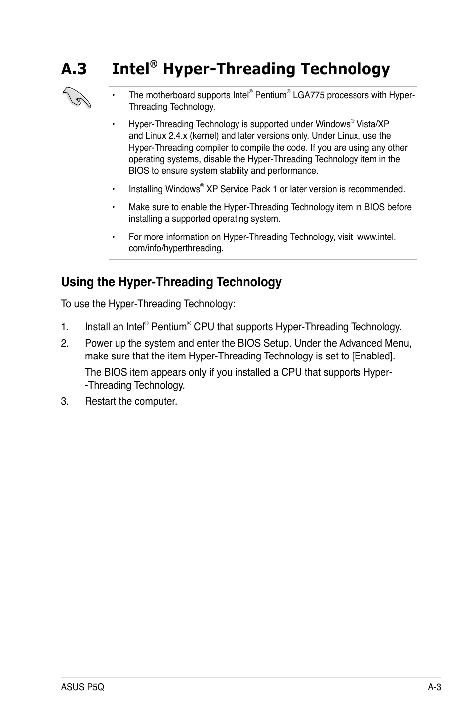 A.3 intel® hyper-threading technology, Using the hyper-threading technology, Intel | A.3 intel, Hyper-threading technology | Asus P5Q User Manual | Page 183 / 184