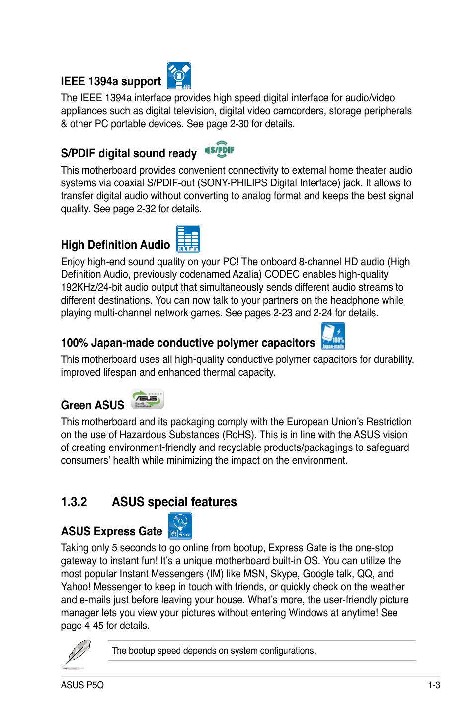 2 asus special features, Asus special features -3 | Asus P5Q User Manual | Page 19 / 184