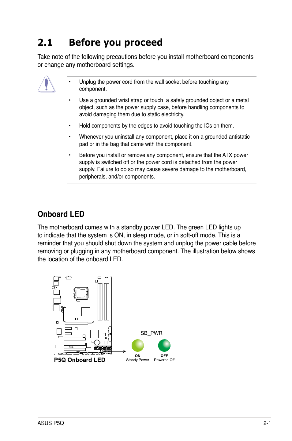 1 before you proceed, Before you proceed -1, Onboard led | Asus P5Q User Manual | Page 27 / 184