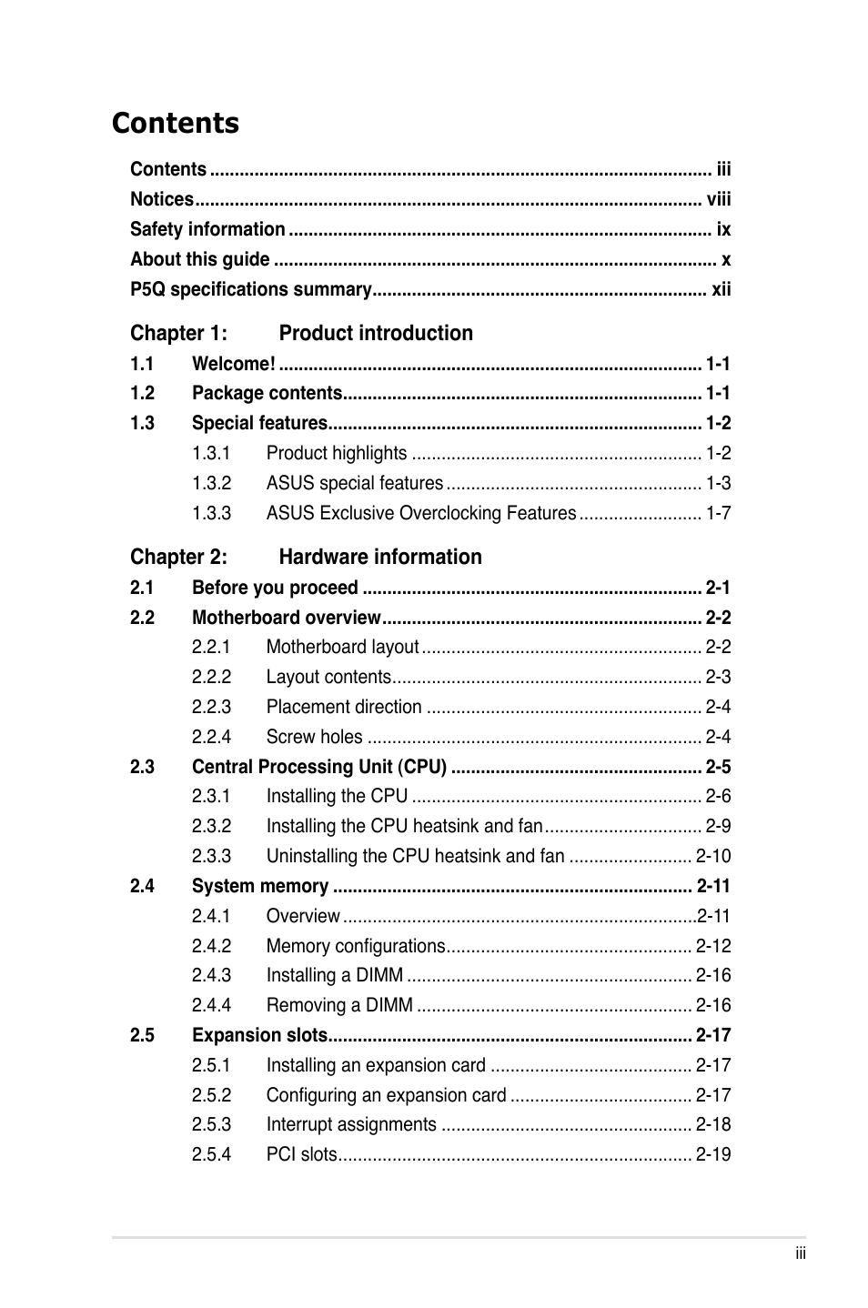 Asus P5Q User Manual | Page 3 / 184