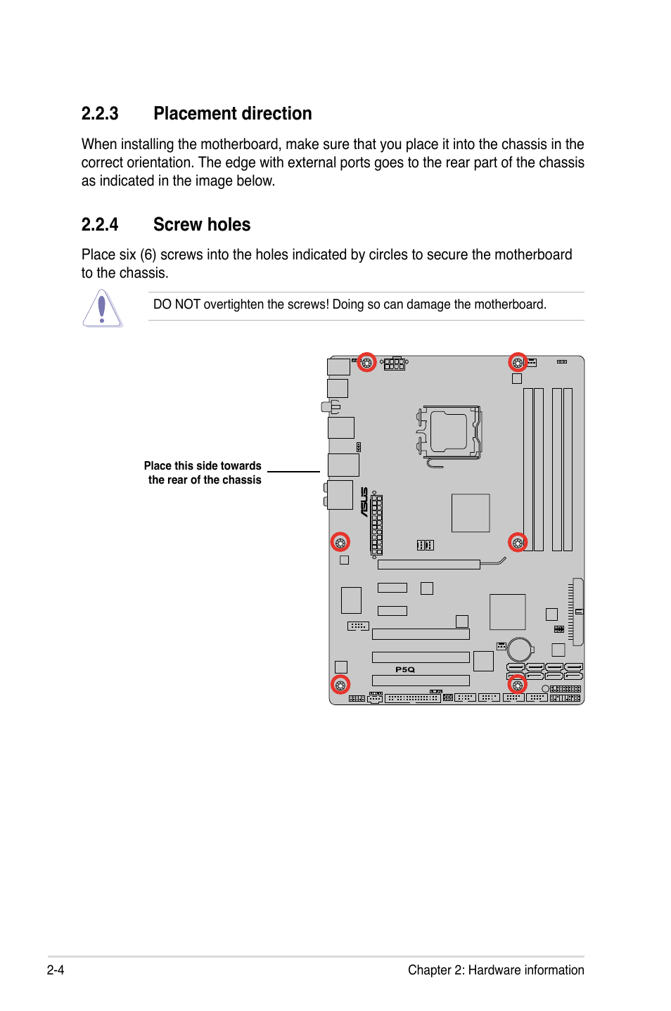 3 placement direction, 4 screw holes, Placement direction -4 | Screw holes -4 | Asus P5Q User Manual | Page 30 / 184