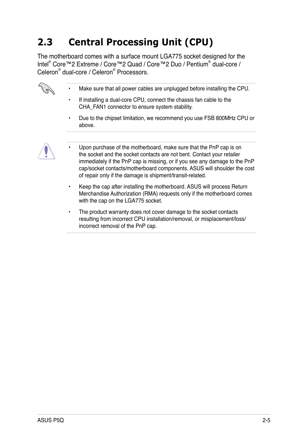 3 central processing unit (cpu), Central processing unit (cpu) -5 | Asus P5Q User Manual | Page 31 / 184