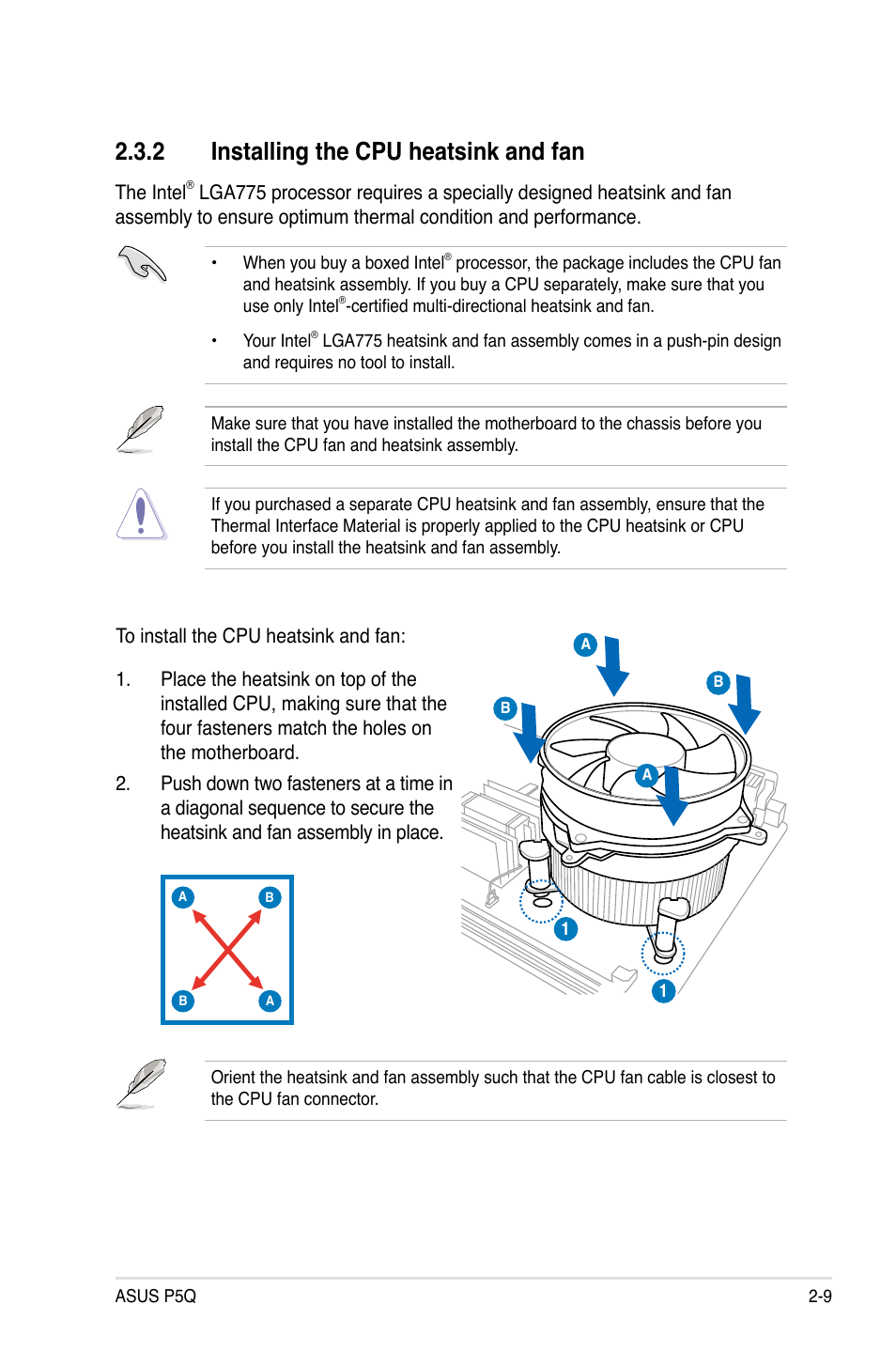 2 installing the cpu heatsink and fan, Installing the cpu heatsink and fan -9 | Asus P5Q User Manual | Page 35 / 184