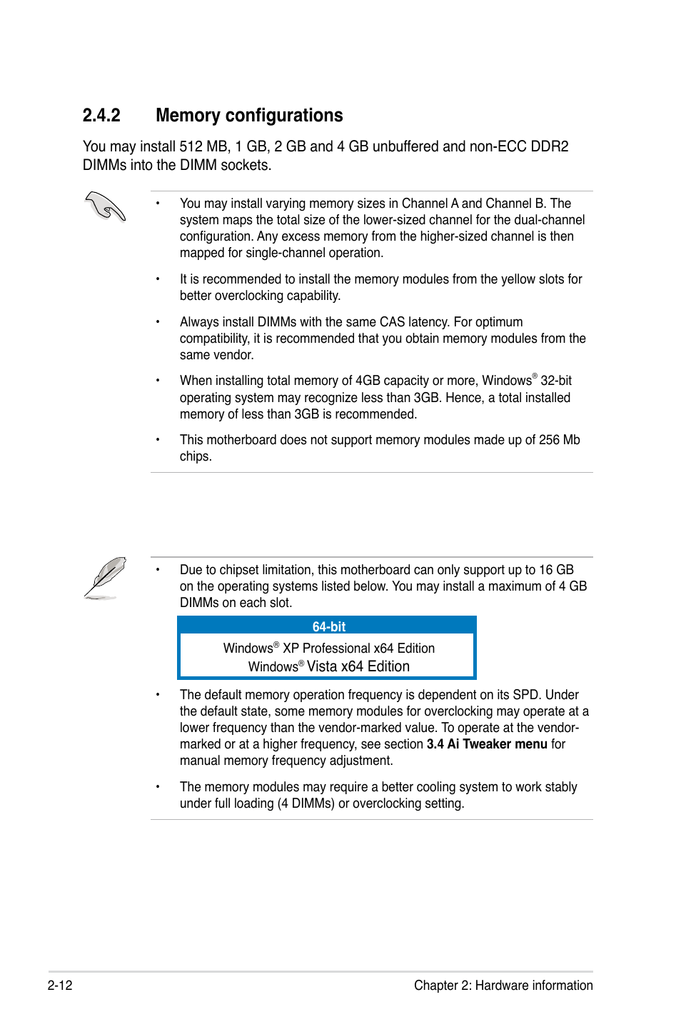 2 memory configurations, Memory configurations -12 | Asus P5Q User Manual | Page 38 / 184