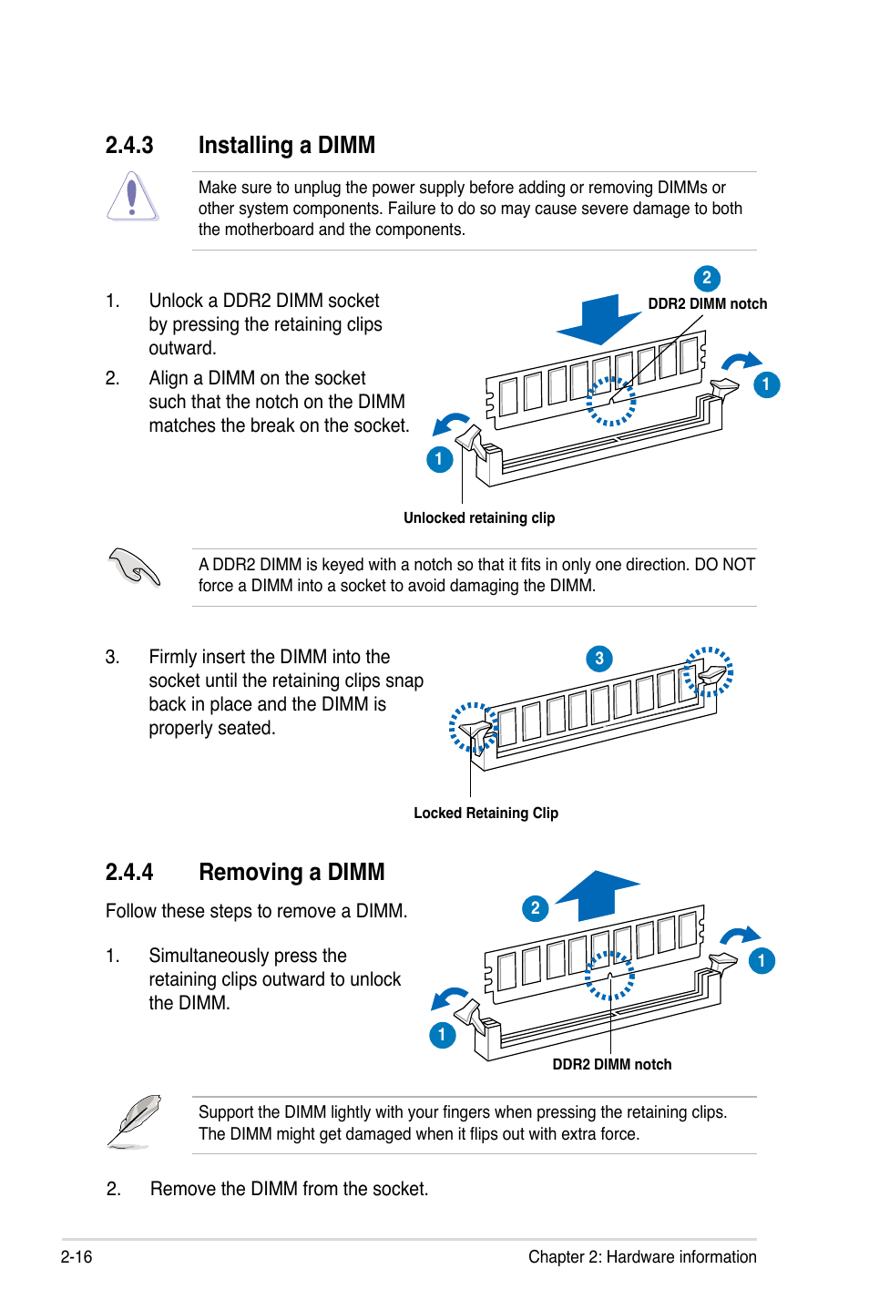 3 installing a dimm, 4 removing a dimm, Installing a dimm -16 | Removing a dimm -16 | Asus P5Q User Manual | Page 42 / 184