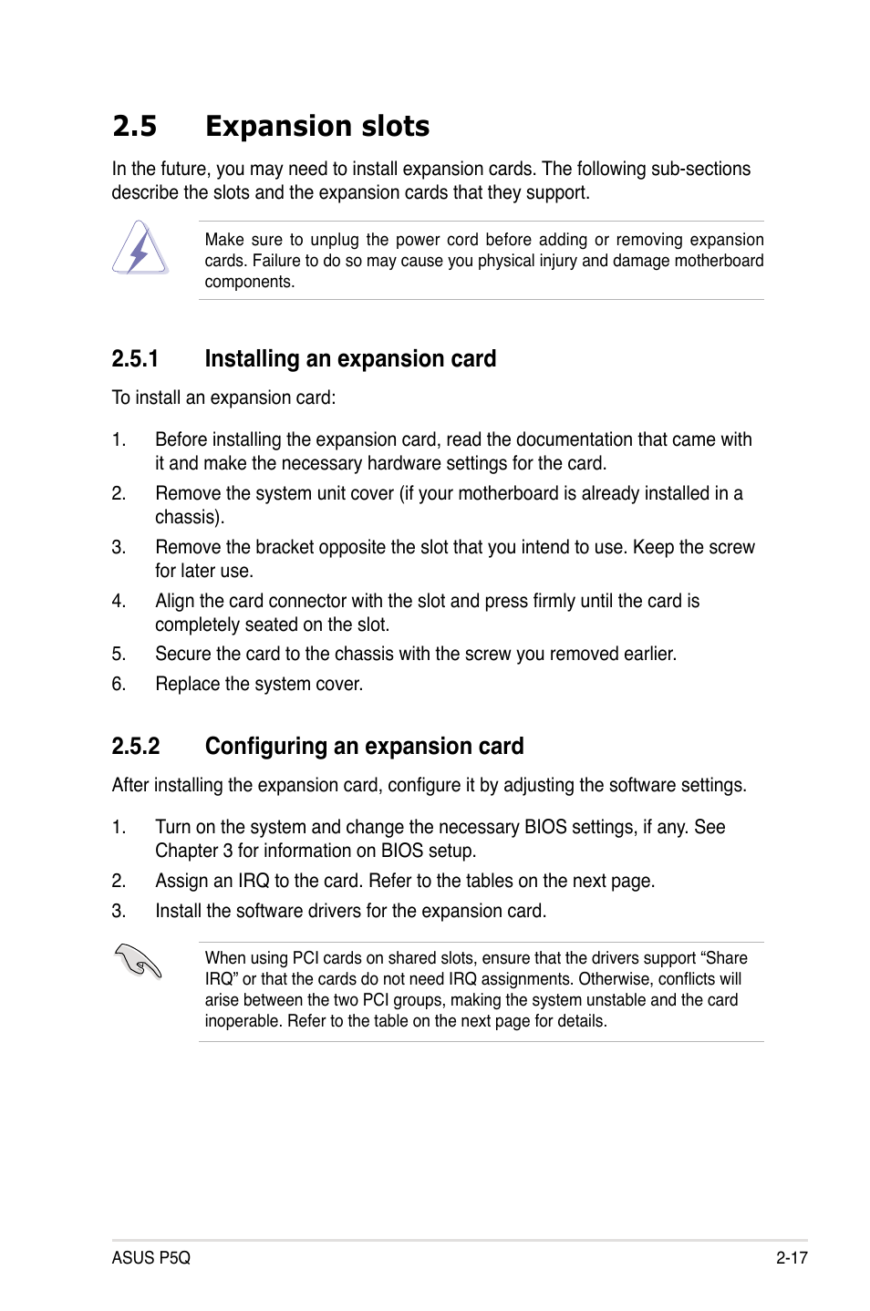 5 expansion slots, 1 installing an expansion card, 2 configuring an expansion card | Expansion slots -17 2.5.1, Installing an expansion card -17, Configuring an expansion card -17 | Asus P5Q User Manual | Page 43 / 184