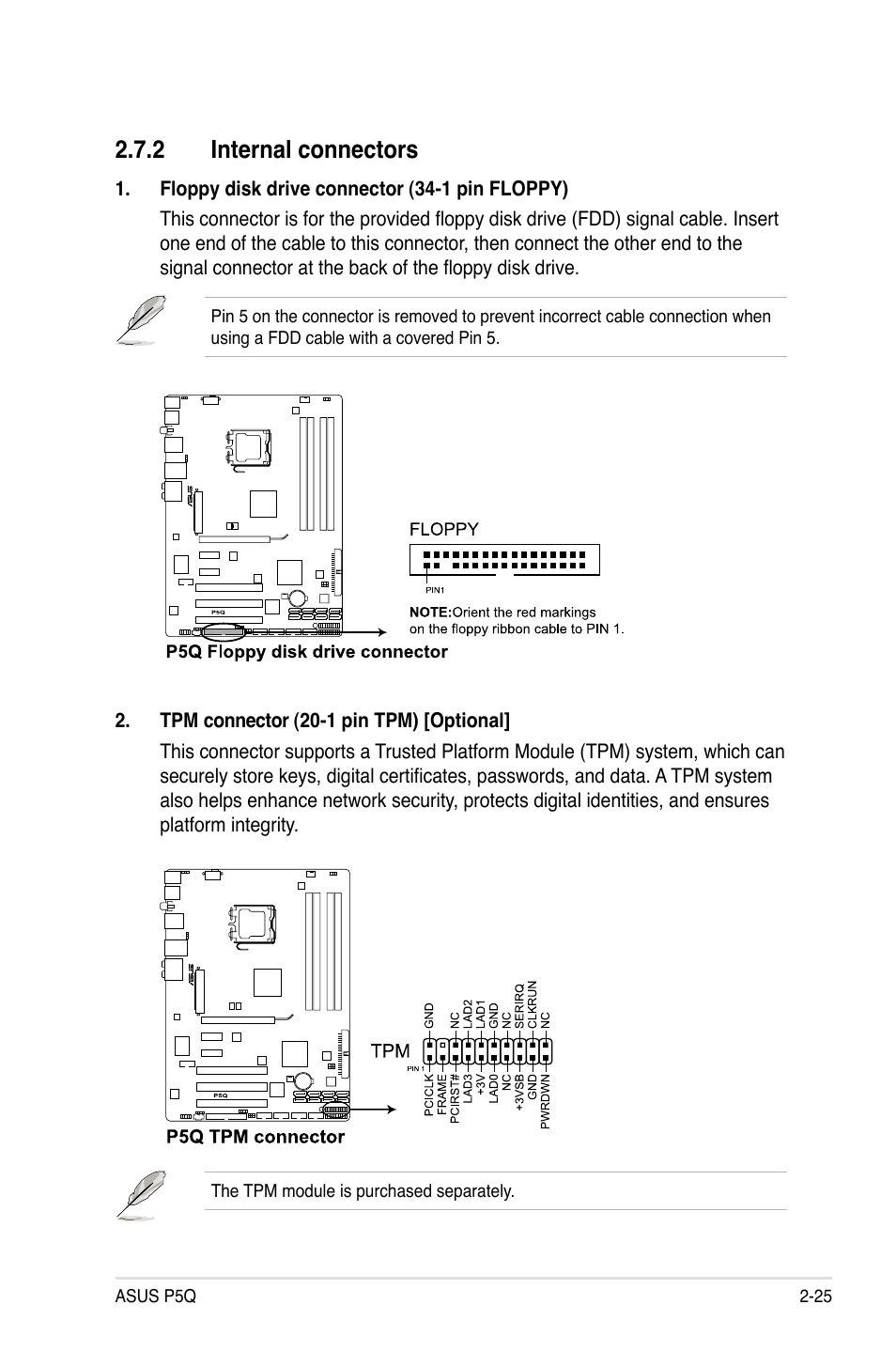 2 internal connectors, Internal connectors -25 | Asus P5Q User Manual | Page 51 / 184