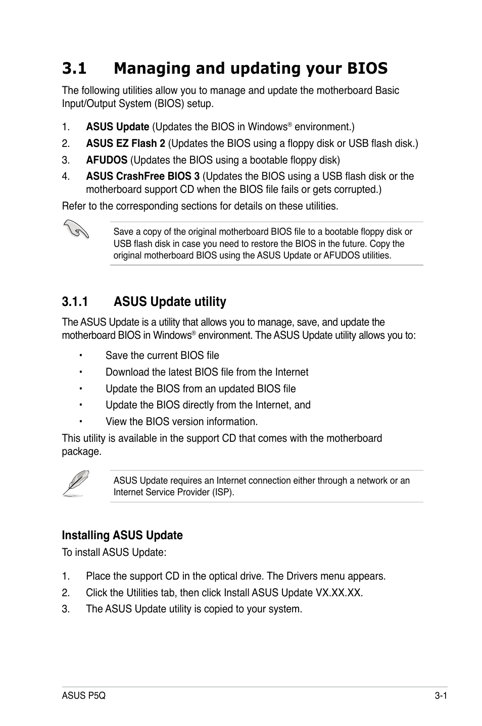 1 managing and updating your bios, 1 asus update utility, Managing and updating your bios -1 3.1.1 | Asus update utility -1 | Asus P5Q User Manual | Page 67 / 184