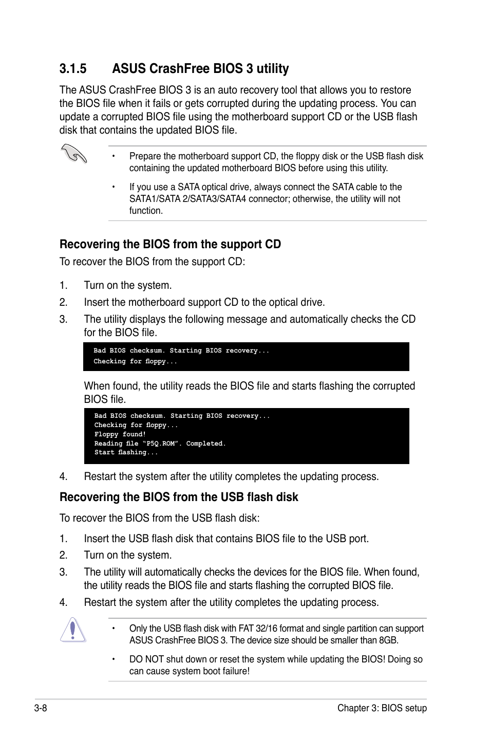 5 asus crashfree bios 3 utility, Asus crashfree bios 3 utility -8, Recovering the bios from the support cd | Recovering the bios from the usb flash disk | Asus P5Q User Manual | Page 74 / 184