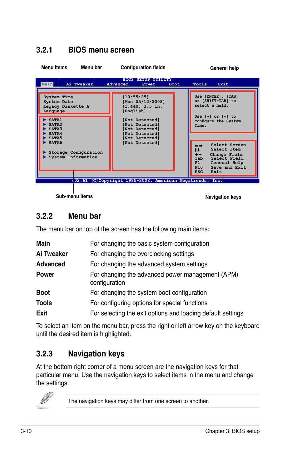 1 bios menu screen, 2 menu bar, 3 navigation keys | Bios menu screen -10, Menu bar -10, Navigation keys -10 | Asus P5Q User Manual | Page 76 / 184