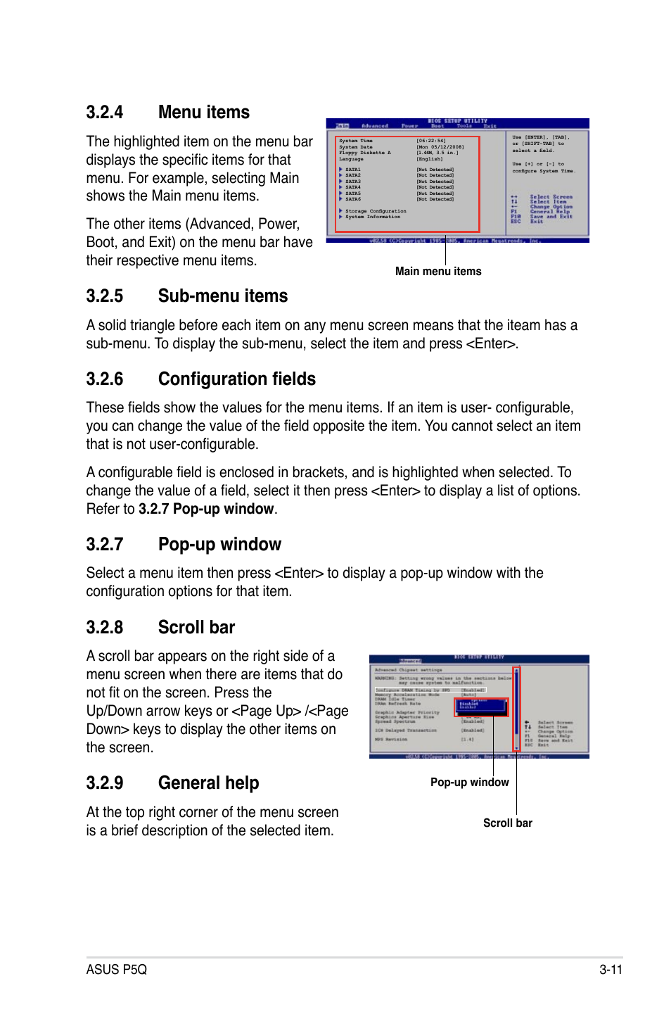 4 menu items, 5 sub-menu items, 6 configuration fields | 7 pop-up window, 8 scroll bar, 9 general help, Menu items -11, Sub-menu items -11, Configuration fields -11, Pop-up window -11 | Asus P5Q User Manual | Page 77 / 184