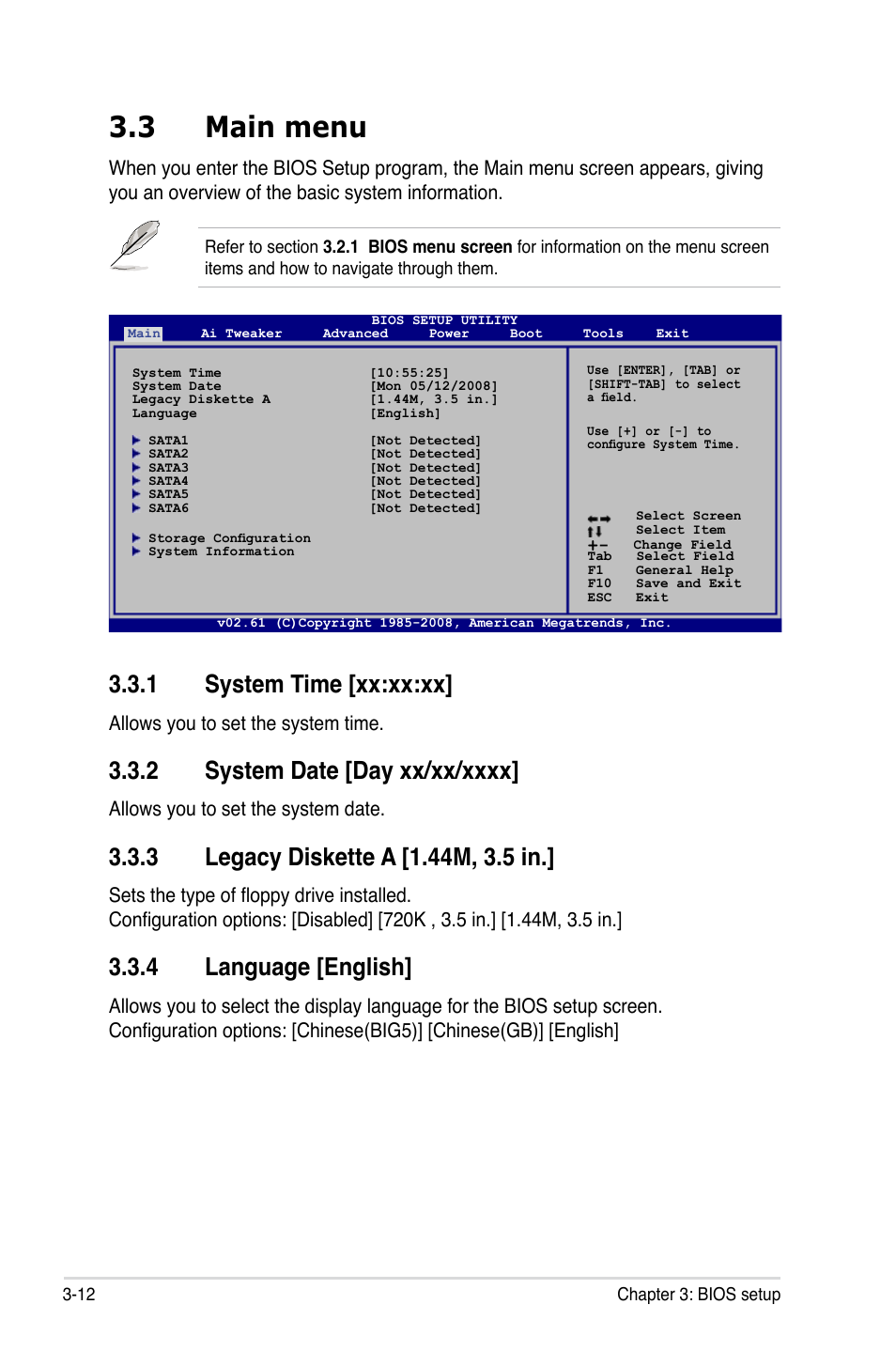 3 main menu, 1 system time [xx:xx:xx, 2 system date [day xx/xx/xxxx | 3 legacy diskette a [1.44m, 3.5 in, 4 language [english, Main menu -12 3.3.1, System time [xx:xx:xx] -12, System date [day xx/xx/xxxx] -12, Legacy diskette a [1.44m, 3.5 in.] -12, Language [english] -12 | Asus P5Q User Manual | Page 78 / 184