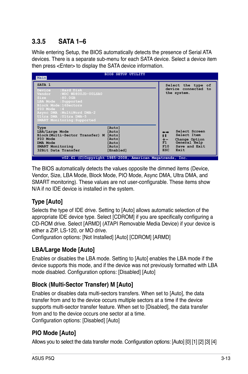 5 sata 1–6, Sata 1–6 -13, Type [auto | Lba/large mode [auto, Block (multi-sector transfer) m [auto, Pio mode [auto | Asus P5Q User Manual | Page 79 / 184