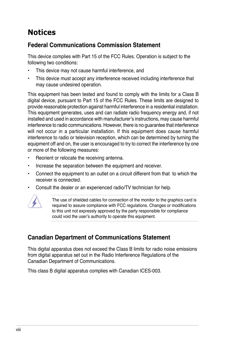 Notices, Federal communications commission statement, Canadian department of communications statement | Asus P5Q User Manual | Page 8 / 184